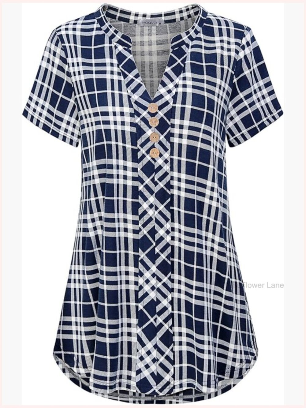 Notch Neck Plaid Button Down Shirt Blouse Short Sleeve